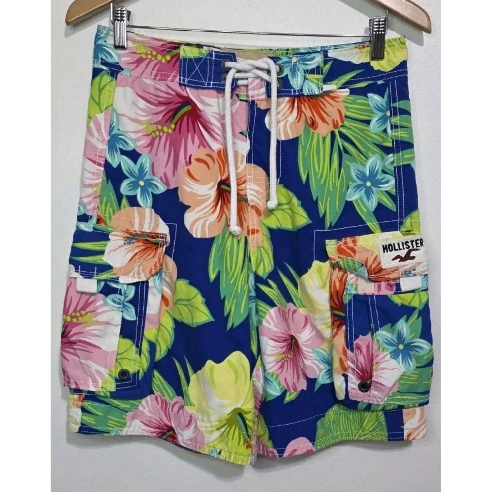 Hollister Board‎ Shorts Swim Trunks XS Hawaiian Hibiscus Beach Pool Surf Y2K EUC